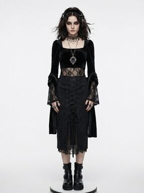 Y2K DANIER Vintage Whimsigoth Genuine Suede Corset Lace Up Goth Midi Skirt Sz 8